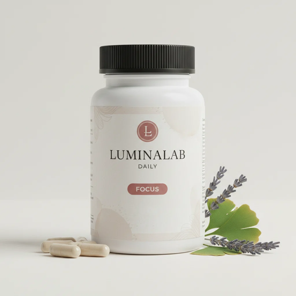 LuminaLab Daily glasbeholder med kapsler og naturlige ingredienser på et lyst bord